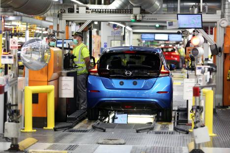 Electric vehicle production line at Nissan factory.