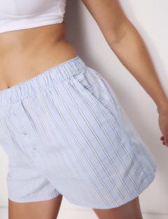 Blue and white striped pajama shorts.