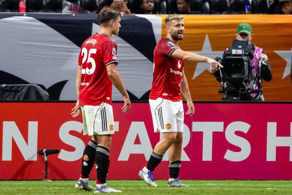 Luke Shaw of Manchester United reacts during a soccer match.