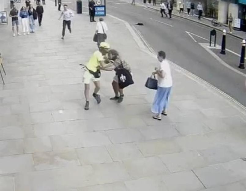 Security camera footage of a phone thief being apprehended.