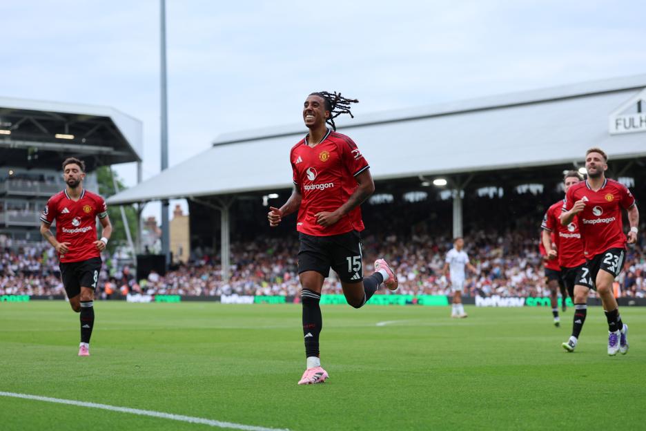 Leny Yoro of Manchester United celebrating a goal at Craven Cottage.