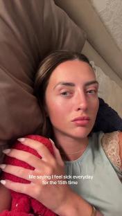 Woman in bed holding a stuffed animal, caption says