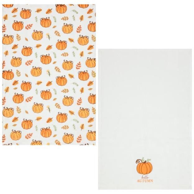 Two kitchen towels; one with a pumpkin and leaf pattern, the other with a single pumpkin and "Hello Autumn" text.