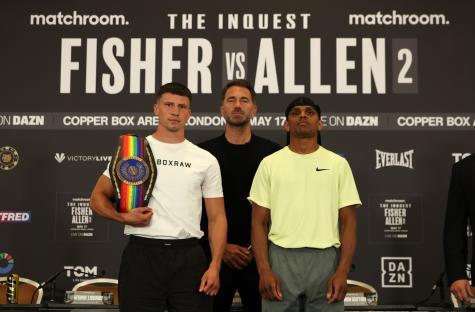 LONDON, ENGLAND - MAY 14: Kieron Conway and Gerome Warburton Final Press Conference ahead of their British and Commonwealth Middleweight Titles Fight at the weekend at Canary Riverside Plaza Hotel on May 14, 2025 in London, England. (Photo by Mark Robinson/Matchroom Boxing/Getty Images)