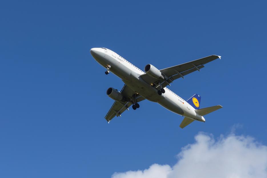 Lufthansa Airbus A320 aircraft on the final approach to Manchester Airport UK.