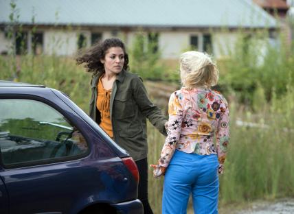 A woman grabbing another woman by the hair near a car and railway tracks.