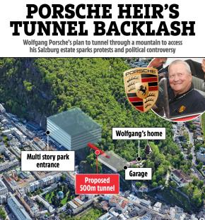 Illustration of proposed 500m tunnel to Wolfgang Porsche's Salzburg home, sparking protests.