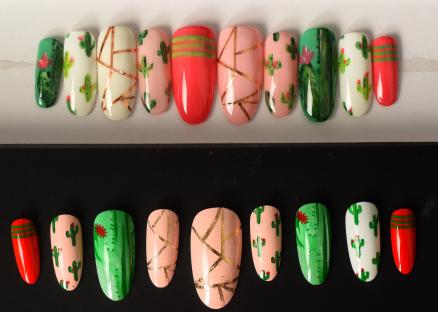 Cactus-themed press-on nails in two different packaging.