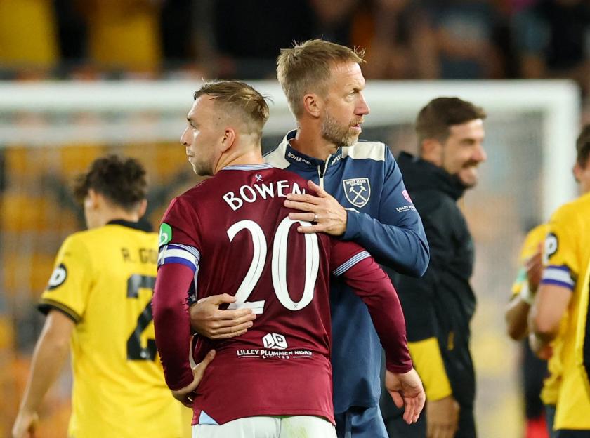 West Ham United manager Graham Potter comforting Jarrod Bowen.