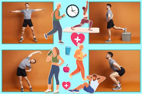 Collage of people doing various exercises.