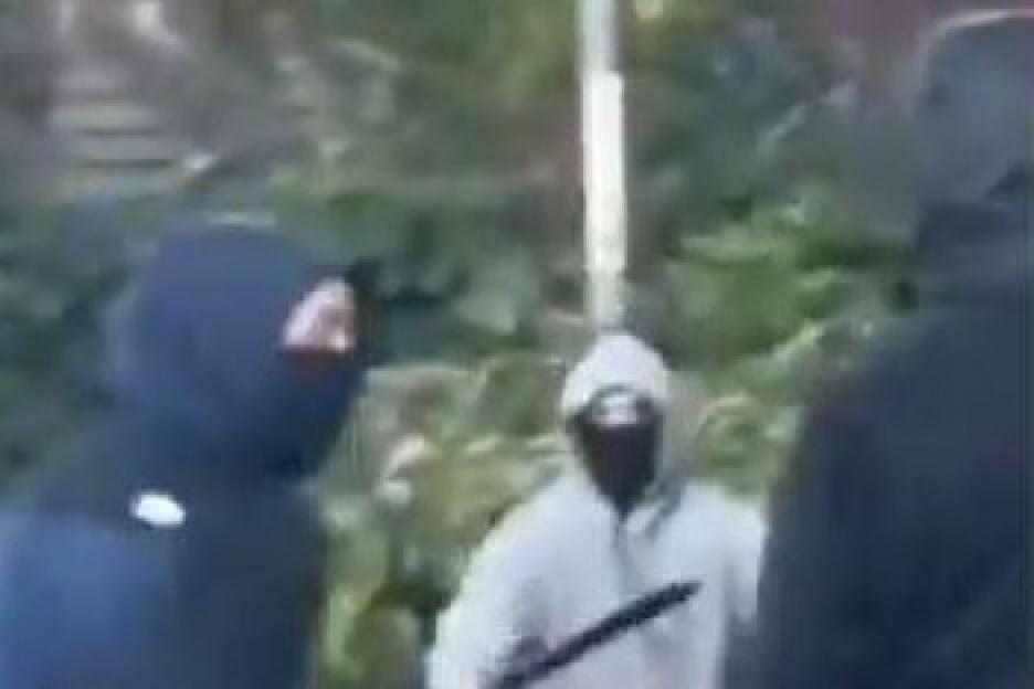 Horrifying moment masked yobs attack each other with huge knives in broad daylight fight on residential street