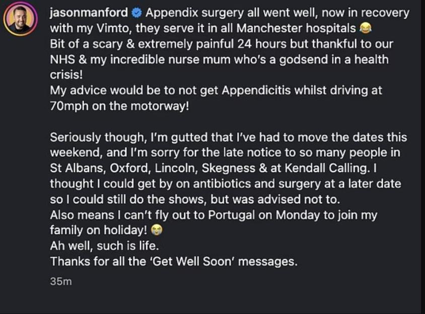 Screenshot of a social media post about a successful appendix surgery.