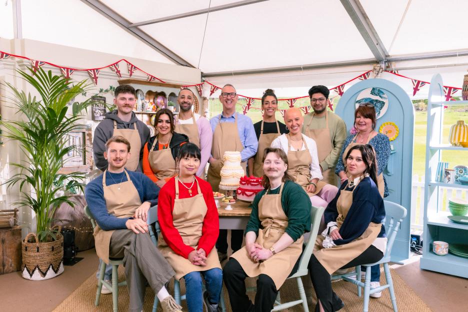 MANDATORY CREDIT: Channel 4/Love Productions Undated handout photo issued by Channel 4/Love Productions of The Great British Bake Off Series 16 contestants (back row, left to right) Toby, Nadia, Aaron, Leighton, Jessika, Jasmine, Hassan and Lesley; and (front row, left to right) Tom, Pui Man, Iain and Nataliia. Issue date: Tuesday August 19, 2025. PA Photo. Mandatory credit must read: Channel 4/Love Productions/PA Wire NOTE TO EDITORS: This picture may be used solely for Channel 4 programme publicity purposes in connection with the programme(s). This picture is cleared for editorial purposes, but not for any form of printed advertising or commercial products. Not to be reproduced or redistributed for any other use without the prior written consent of Channel 4 Picture Publicity. (Channel 4 images must not be altered or manipulated in any way).