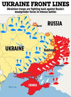 Illustration of Ukraine front lines showing troop movements and battles.