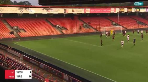 Awkward moment Brentford star falls over advertising hoardings while getting ready to take throw-in