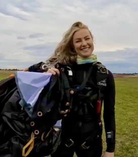 Skydiver Jade Damarell at her landing site.
