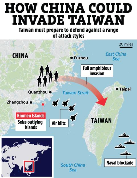 Illustration of a map detailing how China could invade Taiwan, including a full amphibious invasion, air assault, naval blockade, and seizing of outlying islands.