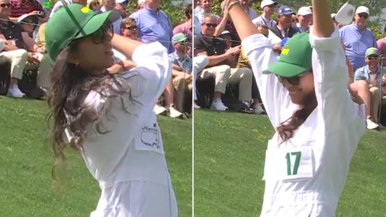 Masters star’s mystery Wag revealed to be huge golf star as she steals show with incredible shot at Par-3 competition