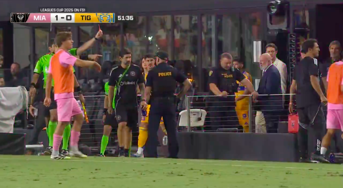 Referee showing a red card during a soccer game.