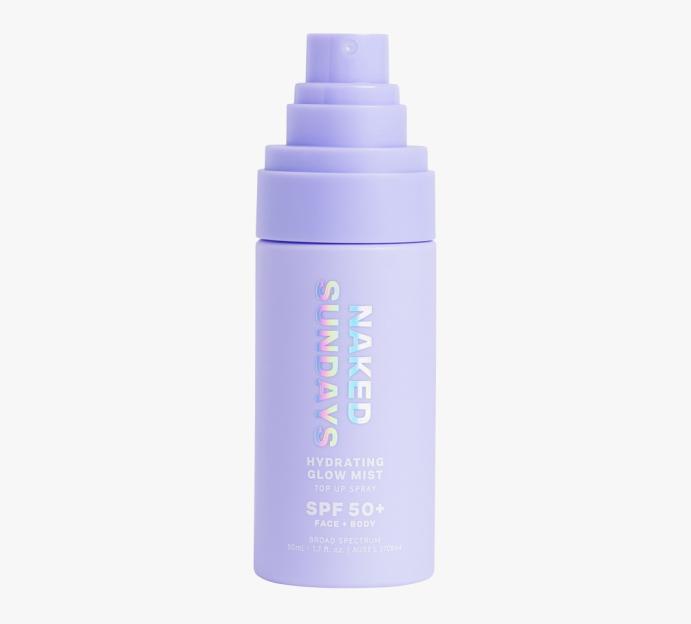 Naked Sundays Hydrating Glow Mist SPF 50+ face and body spray bottle.