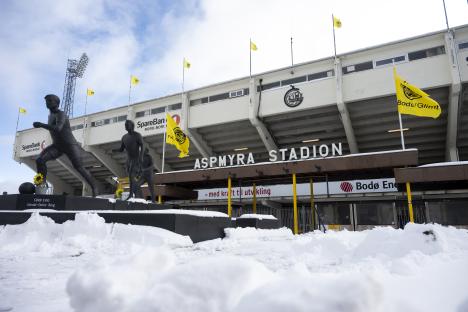 Aspmyra Stadion in Bodø, Norway, covered in snow.