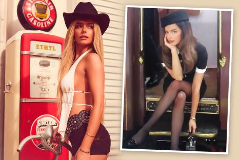 Maura Higgins poses in cowboy hat and hotpants as she pumps gas for Oh Polly