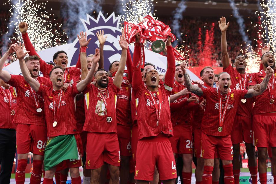 Liverpool F.C. players celebrating their Premier League victory.