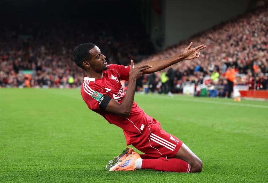 Alexander Isak celebrates scoring his first goal.