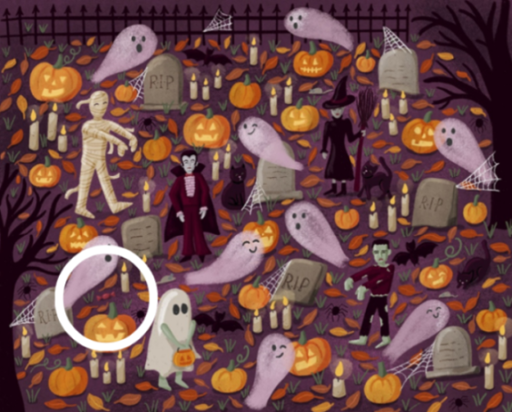 Illustration of a Halloween scene with ghosts, pumpkins, candles, tombstones, and various monsters, with a white circle around a small piece of candy.