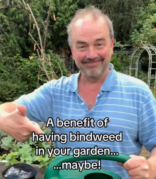 Man in a garden holding a watering can, text overlay: A benefit of having bindweed in your garden... maybe!