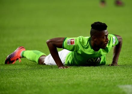 Soccer player Bruno Henrique of VfL Wolfsburg reacting on the field.