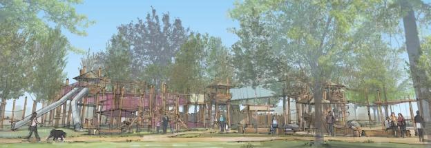 Illustration of Birdworld's planned outdoor area, featuring a Spriglet Village playground.