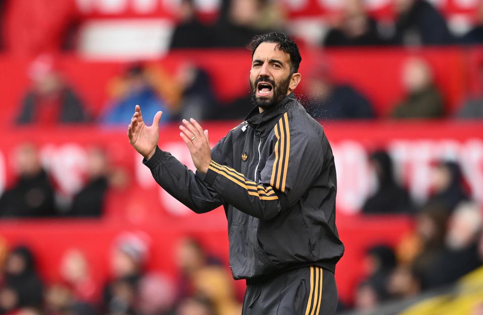 Ruben Amorim, Manager of Manchester United, reacts during a Premier League match.