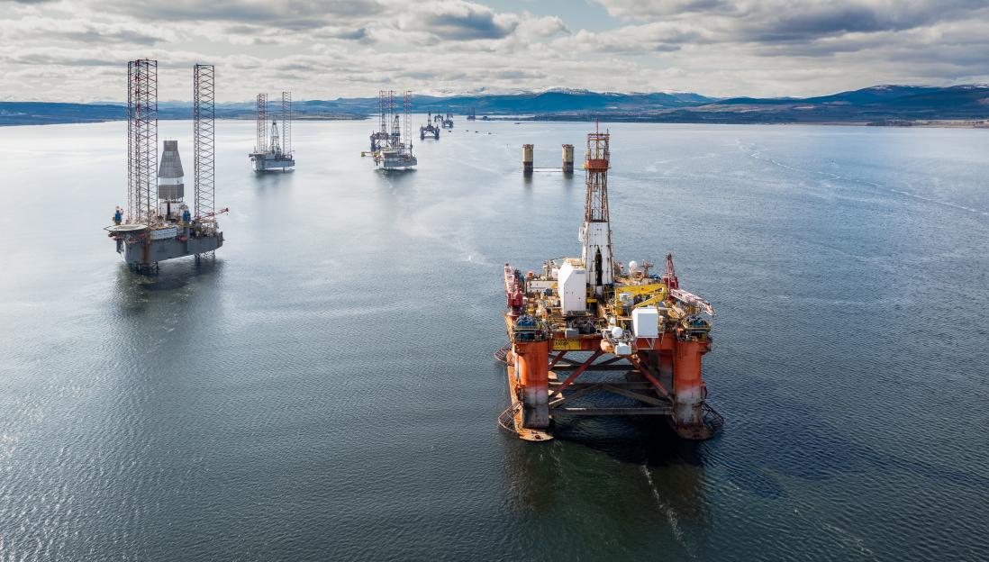 Aerial view of several oil rigs in the Cromarty Firth, Scotland.