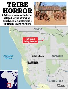 Map of Namibia showing the location of the Ju'/Hoansi Living Museum, and a photo of the museum.