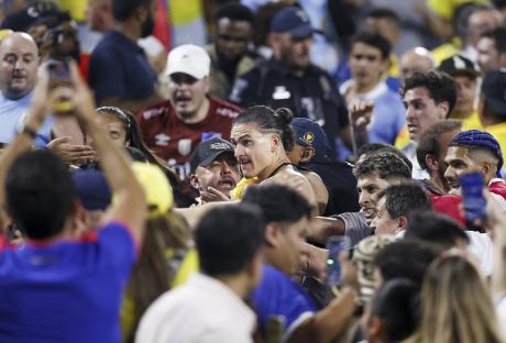 Uruguay's Darwin Núñez scuffling with fans after a soccer match.