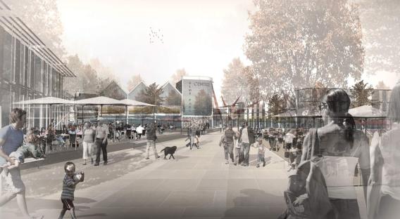Illustration of Elms Park, a new sustainable neighborhood in Cheltenham, featuring shops, a hotel, and a community center.
