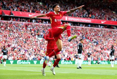 Luis Diaz of Liverpool celebrates scoring a goal.