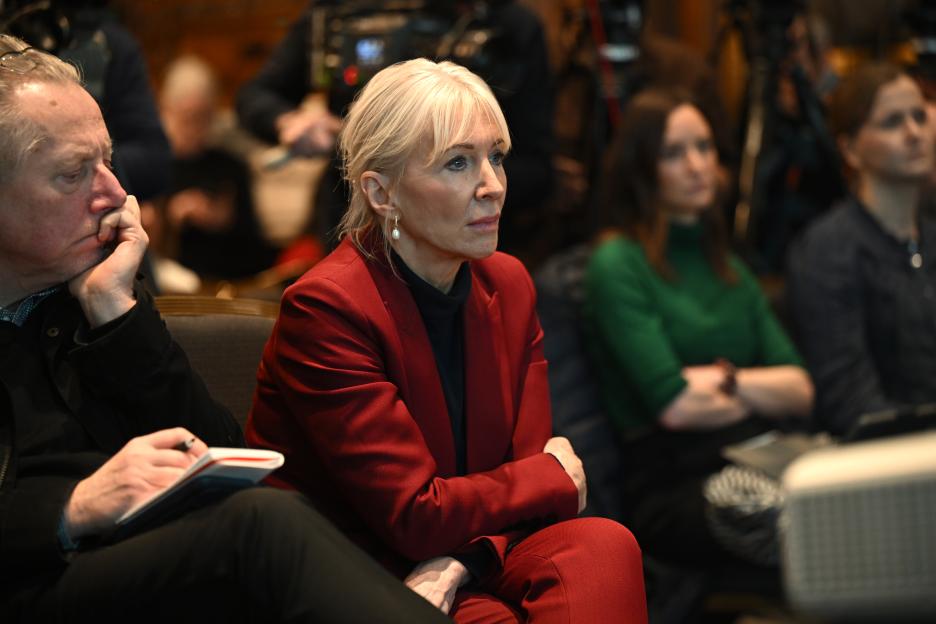 Nadine Dorries at a press conference presenting evidence regarding Lucy Letby's convictions.