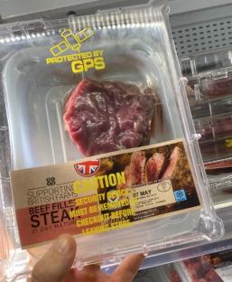 GPS-tracked beef steak in a Co-op store package.