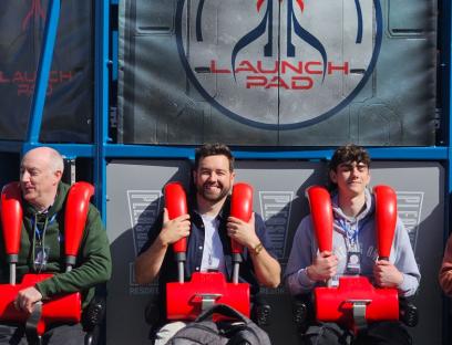 Three people strapped into the Launch Pad ride at Blackpool Pleasure Beach.