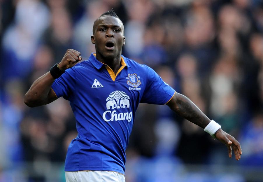 Royston Drenthe of Everton celebrating after scoring his team's third goal.