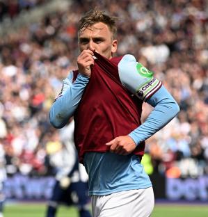 Jarrod Bowen of West Ham United celebrating a goal.
