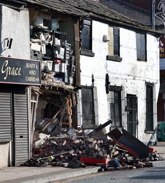 Building on Bridge St in Heywood after a car crashed into it.