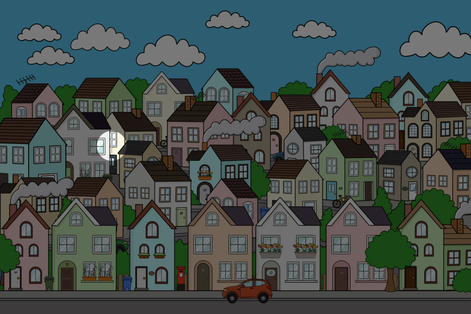 Illustration of a neighborhood at night.
