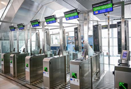 Automated border control gates at an airport.