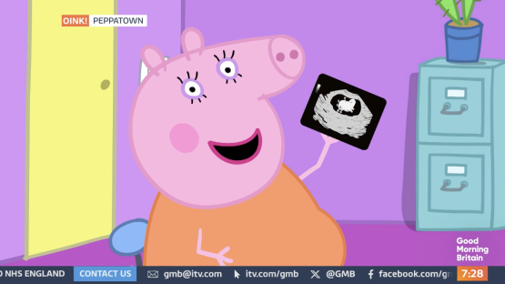 Mummy Pig holding an ultrasound image, announcing her pregnancy.