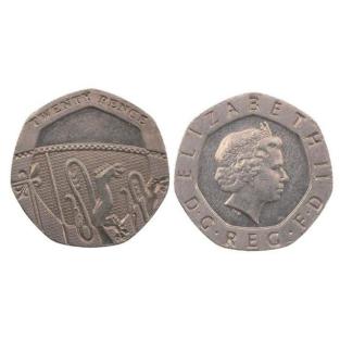 Both sides of a twenty pence coin.