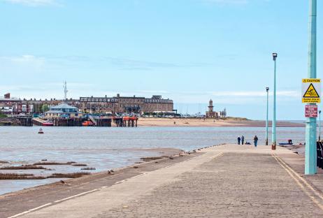 Fleetwood, Lancashire viewed from a slipway across the Wyre River estuary.