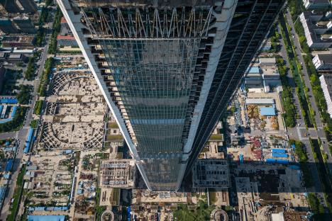 Aerial view of the unfinished Goldin Finance 117 skyscraper in Tianjin, China.
